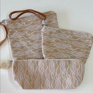 Handcrafted Elegant Tan and White Lace Women Bags Set